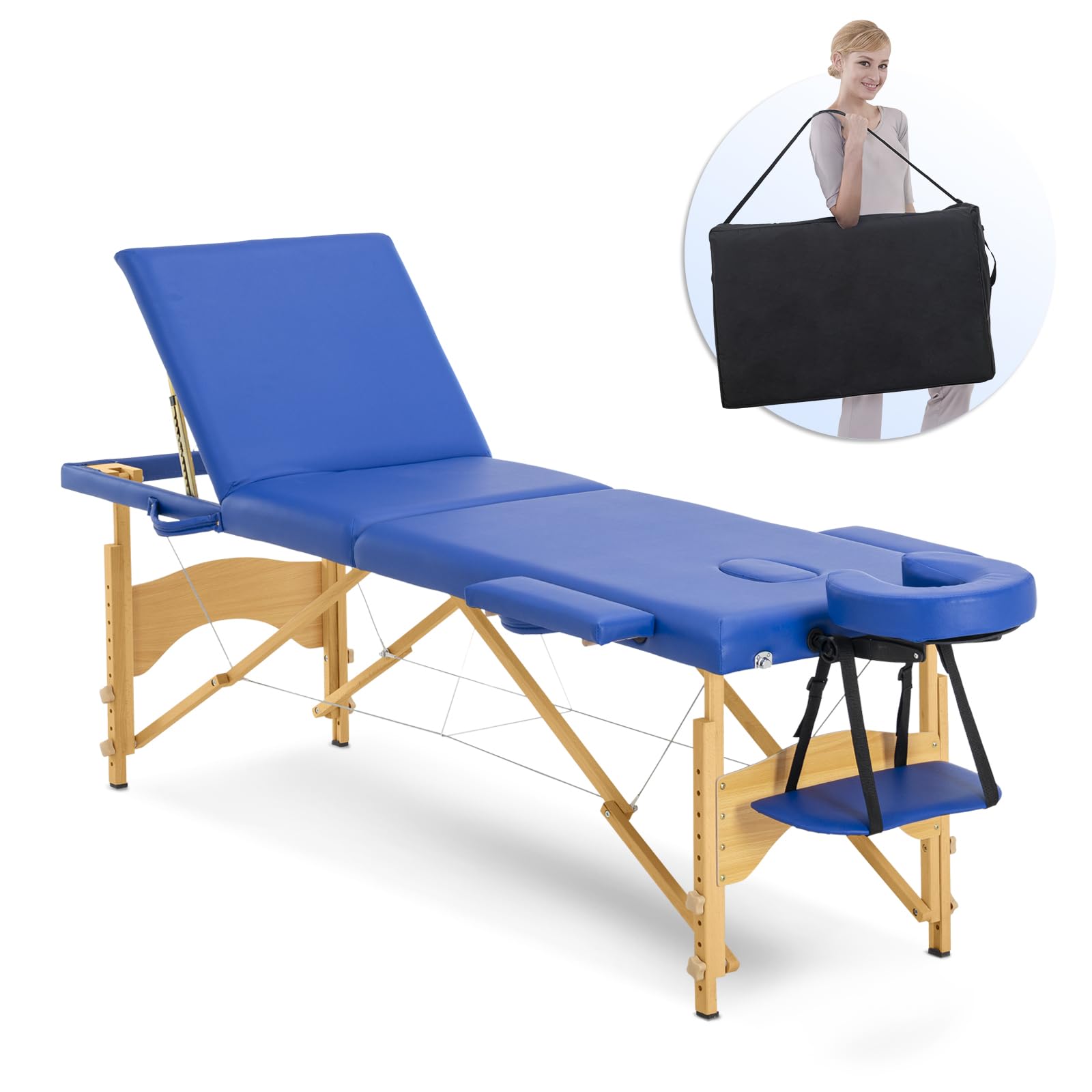 Artechworks Massage Table Massage Bed 3 Folding Portable Lash Bed for Eyelash Extensions Beauty Tattoo Table Adjustable Black W/Carry Case Salon Lightweight,Navy Blue Color