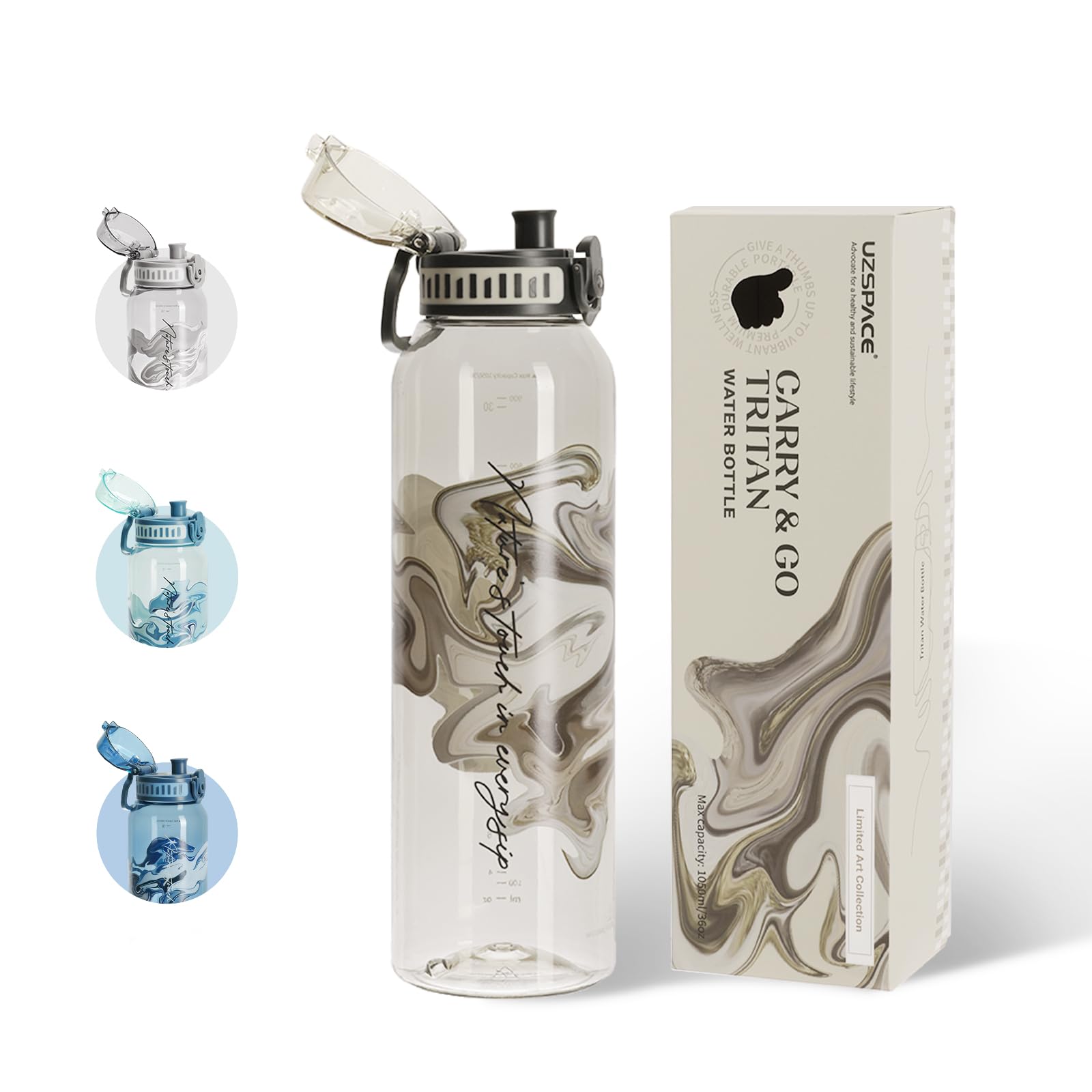 UZSPACE Water Bottle 1l (1050ml) with Handle - BPA Free Drinking Bottles for Adults - ArtisticPrint Water Bottle - Leakproof Gym Bottles - Ideal for Sports or Fitness & Outdoors, Frost White — image 1