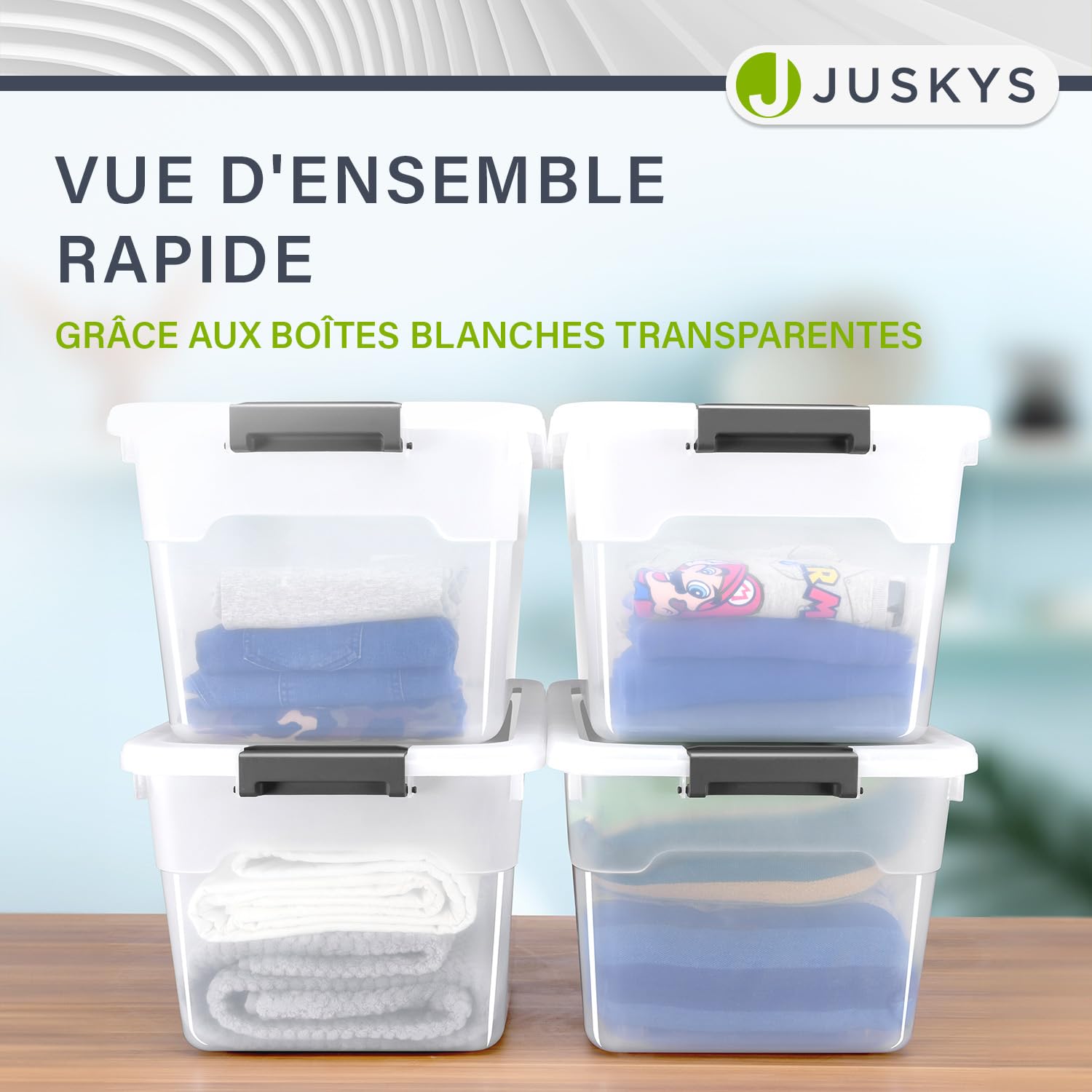 Juskys Boîte de rangement avec couvercle - ensemble de 6 boîtes en plastique de 30 l - grande boîte, empilable, transparente - rangement système de rangement boîtes de rangement