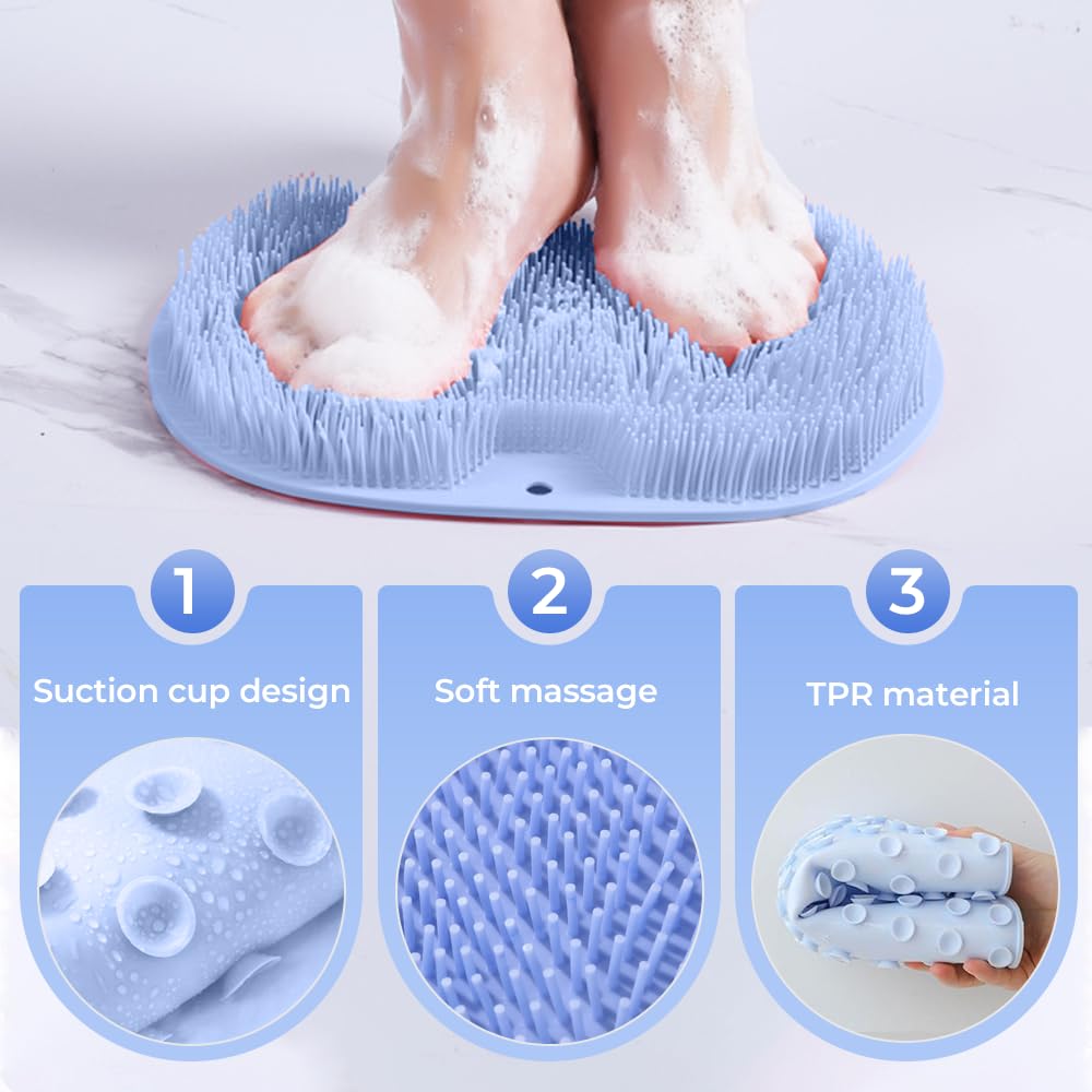 Alfombrilla de ducha con ventosas antideslizantes, almohadilla de limpieza de espalda de pies, almohadilla de lavado exfoliante para bañera y ducha antideslizante con ventosas y agujeros de drenaje