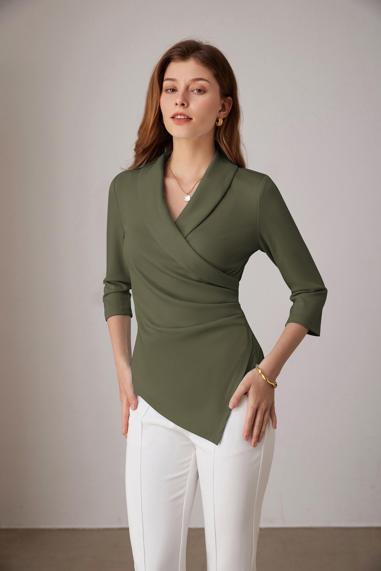 GRACE KARIN Top da donna con scollo a V, maniche a 3/4, camicia a tunica, elegante, plissettata, camicetta da ufficio casual
