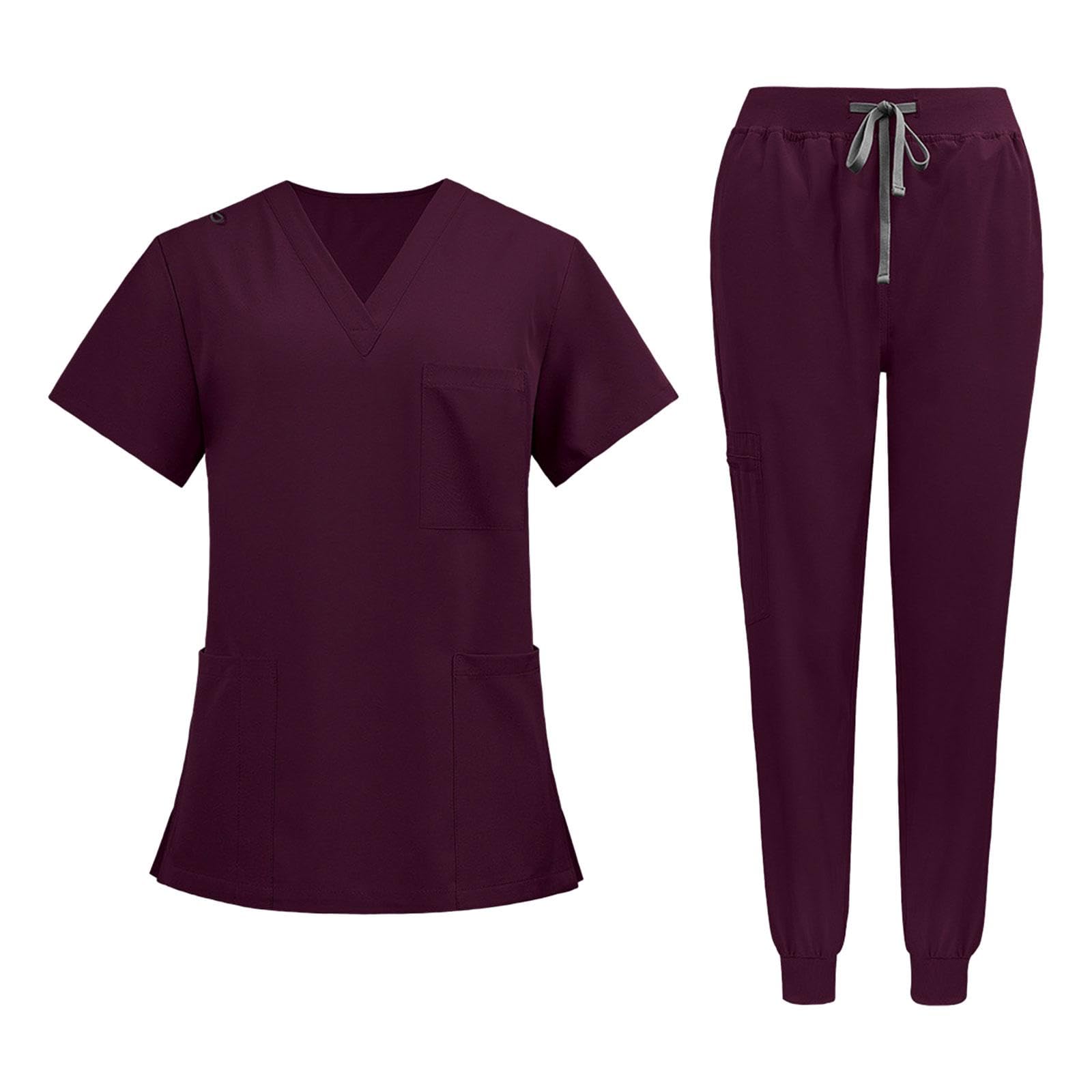 Amagogo Uniformen OP-Bekleidungsset Arbeitsanzüge, Krankenschwester-Oberteil und -Hose Damen-Pflegeuniform V-Ausschnitt Kurzarm-Arbeitskleidung für Pet Shop, Dunkelrot, m