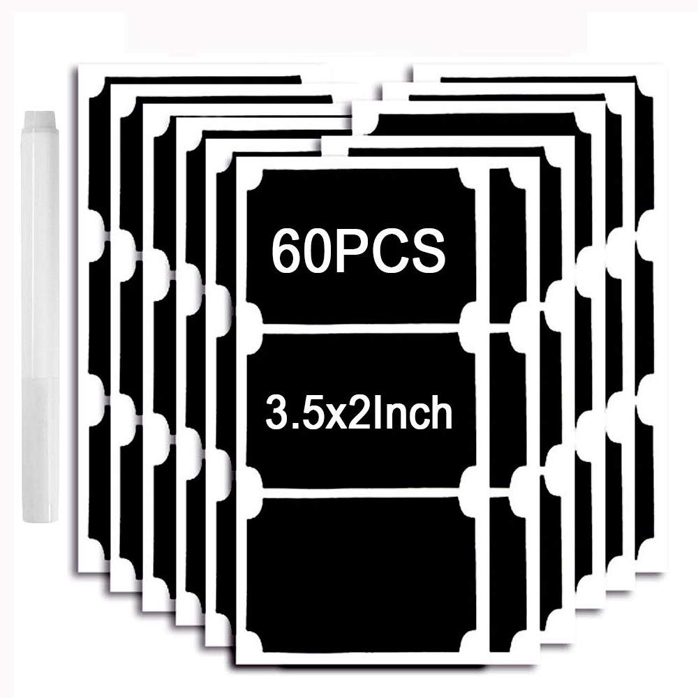 Chalkboard Labels Set 60 Reusable Waterproof Stickers for Jars,Party,Crafts Rooms,Weddings and Kitchen,Free a White Erasable Chalk Pen