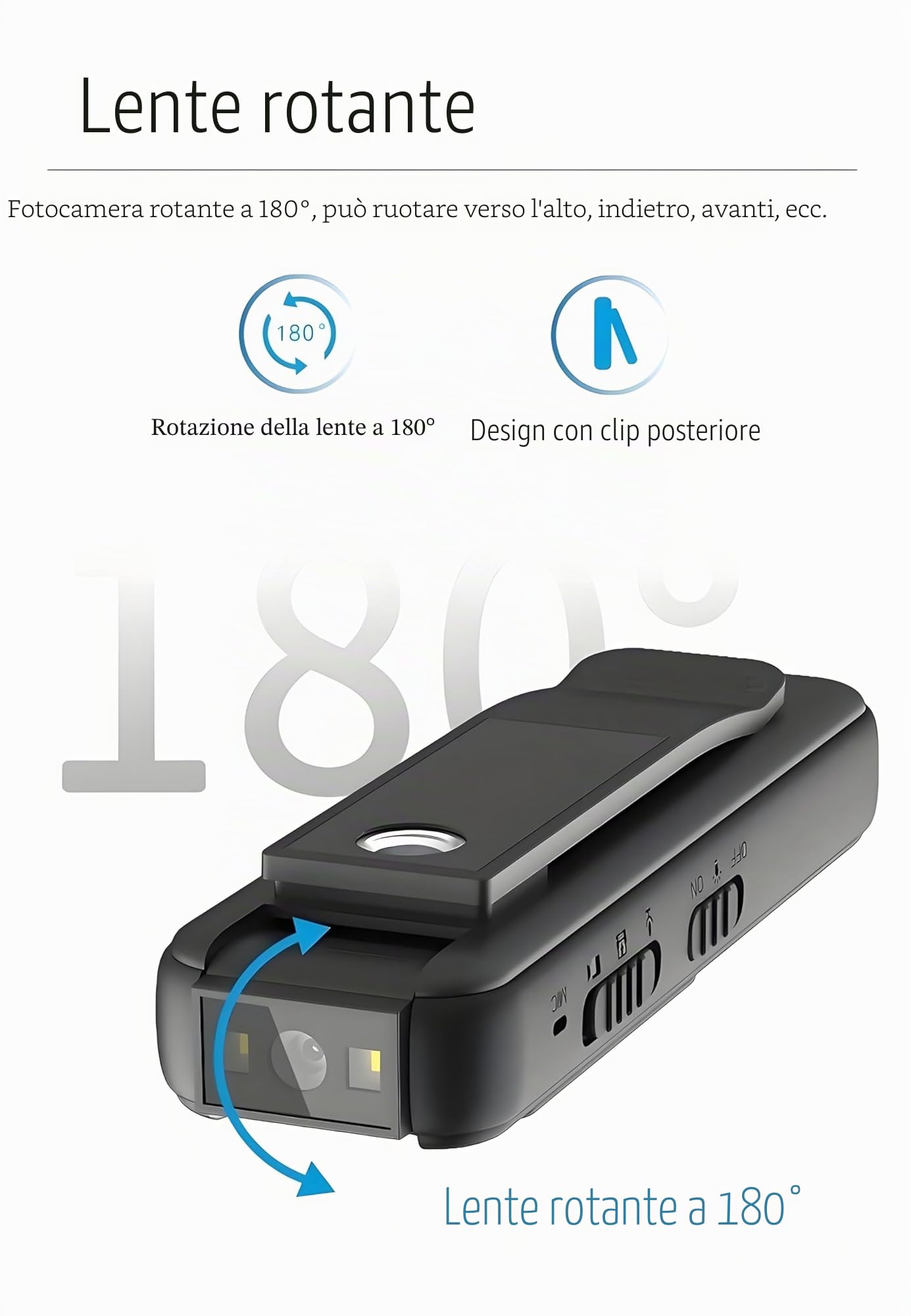 Mini fotocamera portatile da 1080P, con clip magnetica, obiettivo girevole a 180°, 128 GB fino a 7 ore, registrazione e luce LED per riunioni e bici all'aperto