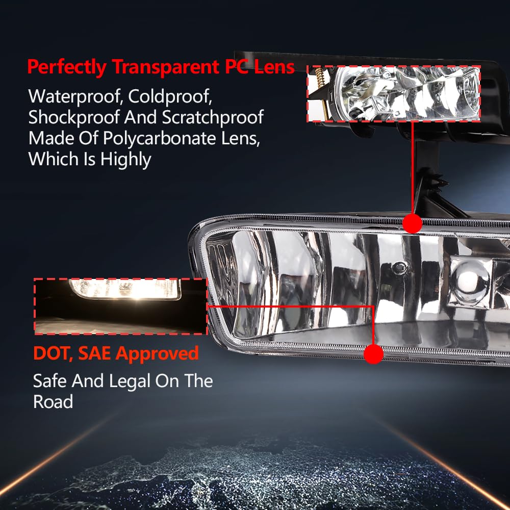 GPLUS CHEDA Fog Lights Assembly Compatible with 1999 2000 2001 2002 Chevy Silverado, 2000 2001 2002 2003 2004 2005 2006 Suburban Fog Light Lamps Left&Right(Clear lens)