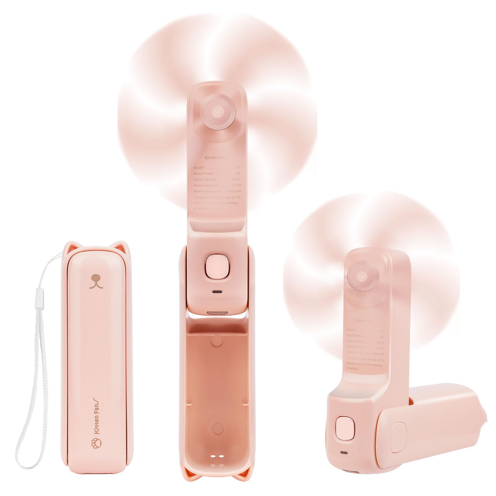 AUAUY Portable Handheld Fan, USB Rechargeable Foldable Fan, Mini Silent, with 3 Speeds Adjustable Strong Wind, Small Pocket Fan with Power Bank and Flashlight for Travel, Outdoor or Indoor, Pink