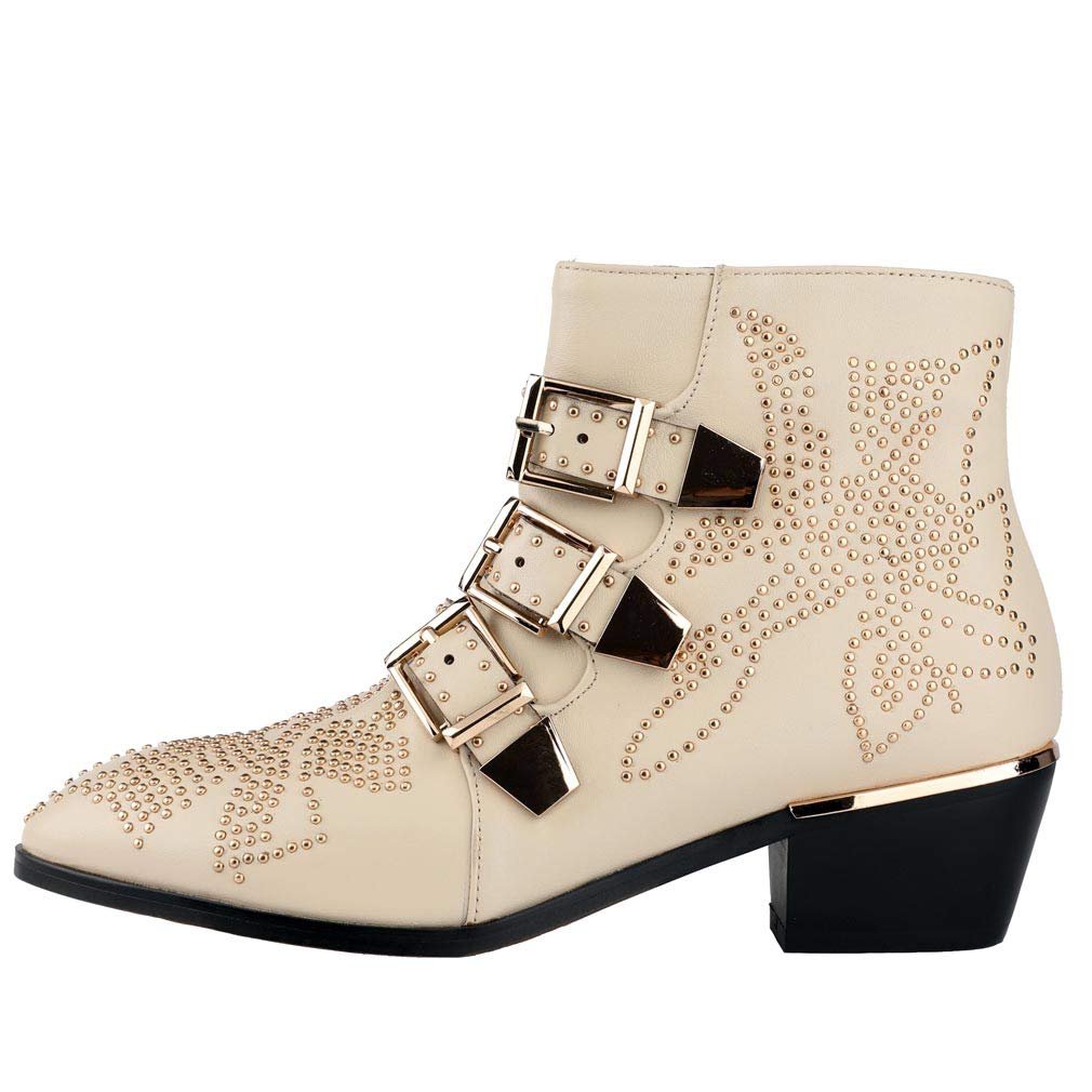 Ankle Boots Womens Genunie Leather Rivet Studded Buckle Strap Designer Boot Low Chunky Heel Booties, Beige-glossy, 6