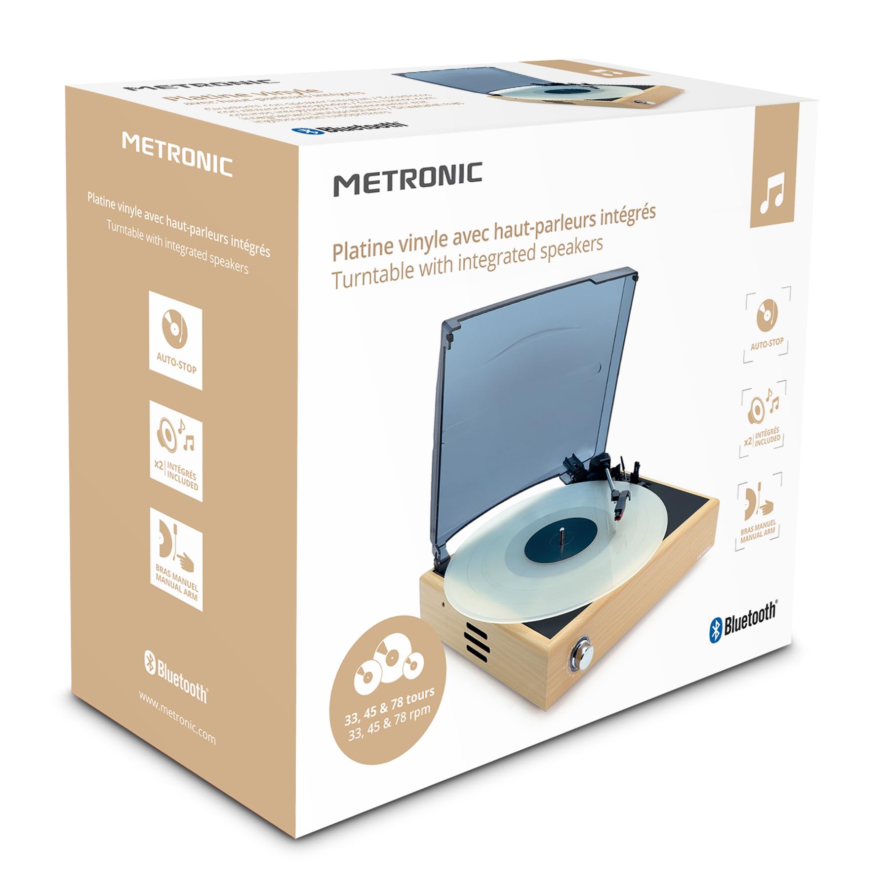 Metronic Platine Vinyle Bluetooth Vintage, Tourne Disque à 3 Vitesses 33, 45 et 78 Tours, Haut-Parleurs Intégrés, Finition Bois - 477360
