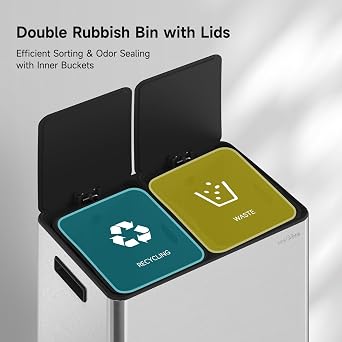 mVm Kitchen Bin,60L Dual Rubbish Bin,2 x 30L Stainless Steel Pedal Bin,Double Recycling Bin with Soft-Close Lids and Plastic Inner Buckets,Fingerprint Proof,Odour Seal,Large Capacity Trash Can