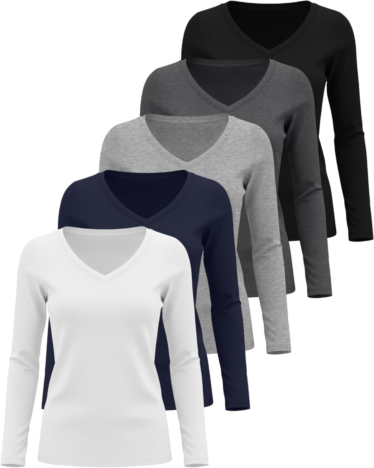 5 Pack Women's Long Sleeve Under Scrubs V Neck Fitted Undershirts Basic Layering Tops for Nurse - Image 2