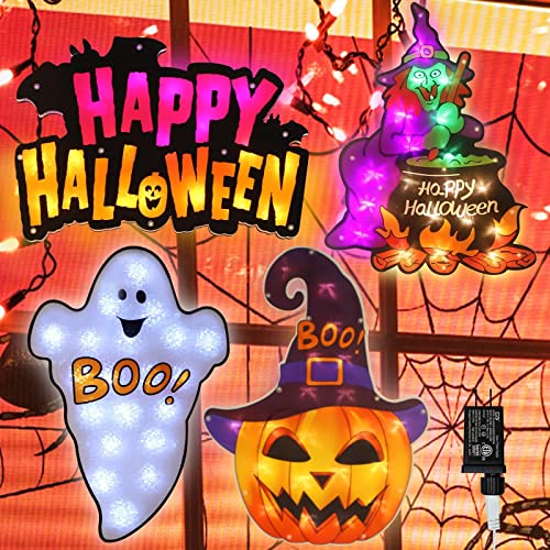 4-Pack-LED-Lighted-GhostHappy-HalloweenWitchJack-O-Lantern-Halloween-Window-Silhouette-Decoration-Lighted-Window-Decoration-for-PartyHomePatio-LawnGarden4-Set-Halloween-Light
