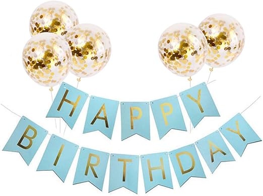 Tellpet Light Blue HAPPY BIRTHDAY Banner with 5 pcs Gold Confetti Balloons