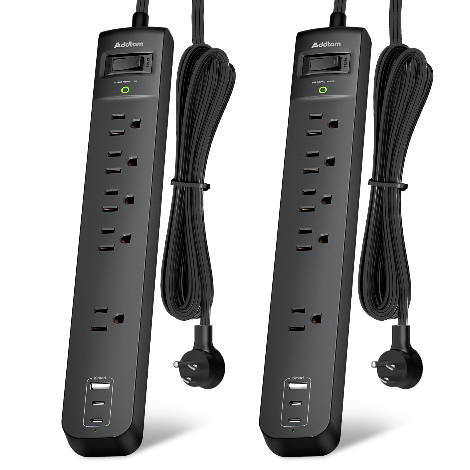 6Ft Power Strip Surge Protector - Addtam Extension Cord with 5 AC Outlets 3 USB Ports(2 USB C), 1875W/15A, Flat Plug, Outlet Extender for Home Office