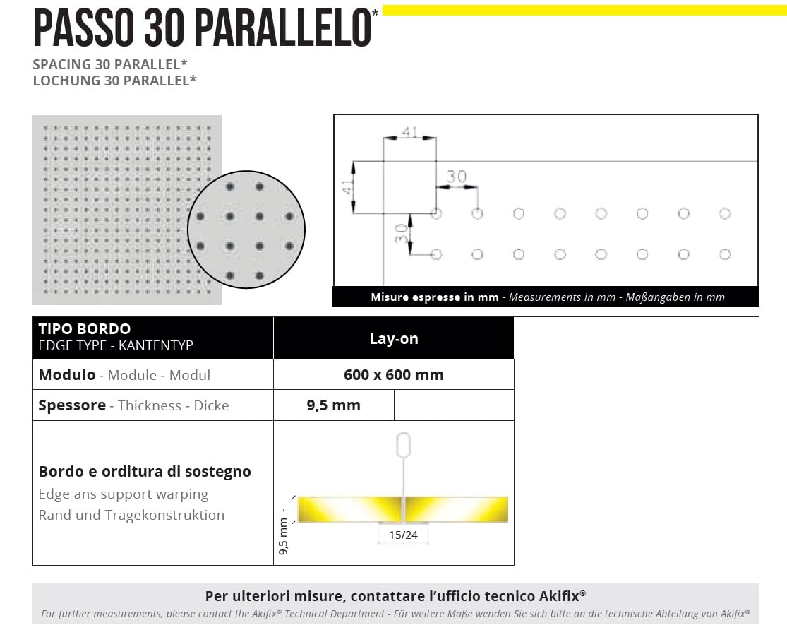 Akifix ITP K06A10 - KYRYOS Panneaux perforés en plaques de plâtre pour plafond suspendu - trou circulaire ø 8 mm - entraxe 30 mm parallèle - 600 x 600 x 9,5/2,16MQ - 6 pièces en appui épaisseur 9,5 mm