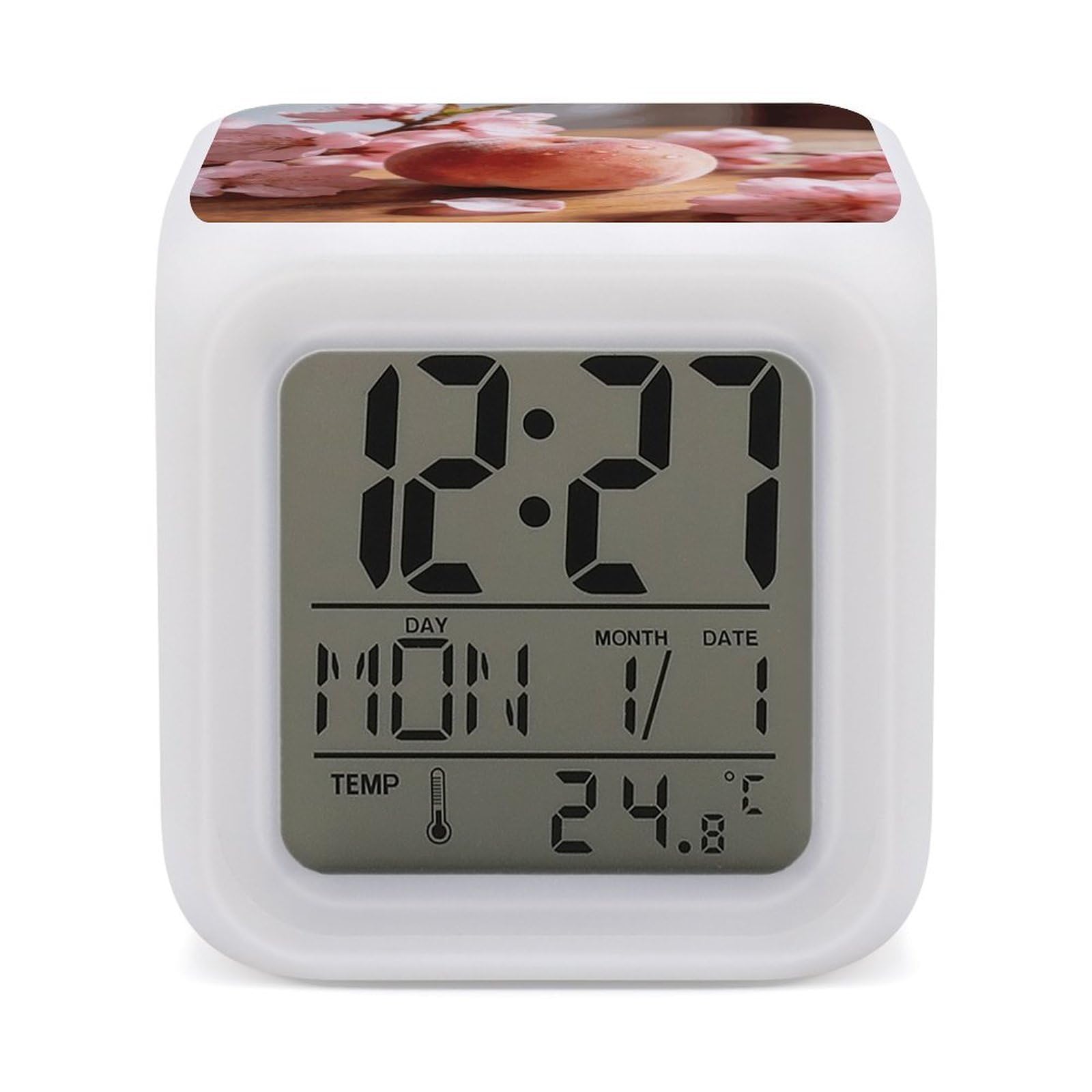 LZQPOEAS Peach and Flower Alarm Clock with 7 Color Changing Nightlight for Bedroom Calendar Temperature Display Wake Up Digital Clock Small Desk Clocks for Heavy Sleepers Adults