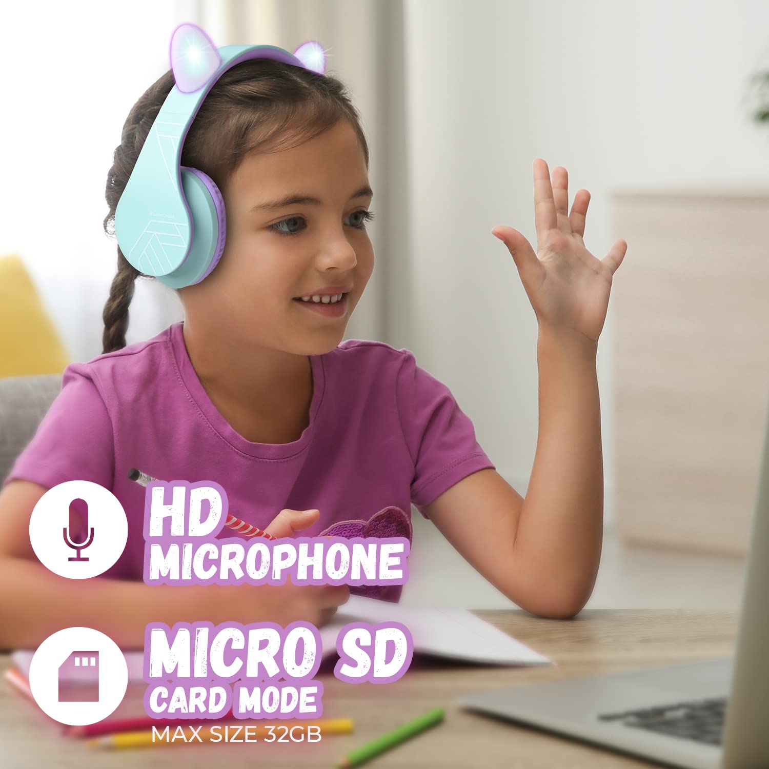 PowerLocus Dziecięce słuchawki douszne, Bluetooth z ograniczeniem głośności 85 dB, składane, z torbą do noszenia, bezprzewodowe słuchawki nauszne i kabel z mikrofonem, trybem micro SD do telefonu