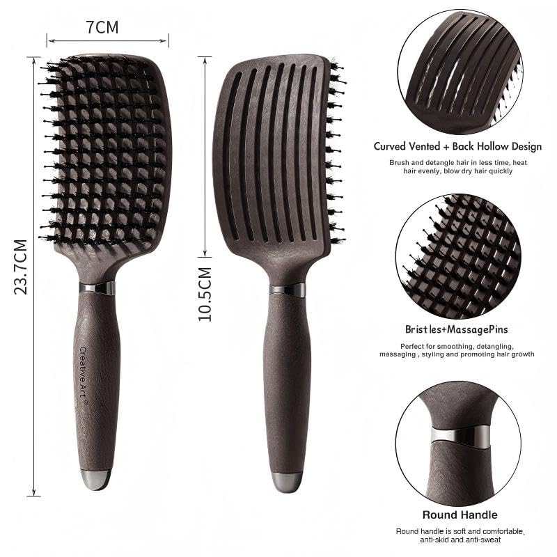 Boar Bristle Hair Brush for Women, Curved Vented Detangling Brushes for Wet& Dry Hair, Styling Paddle Massage Hairbrush for Slick Back, Volume and Shine,Ergonomic Handle for Comfortable Grip