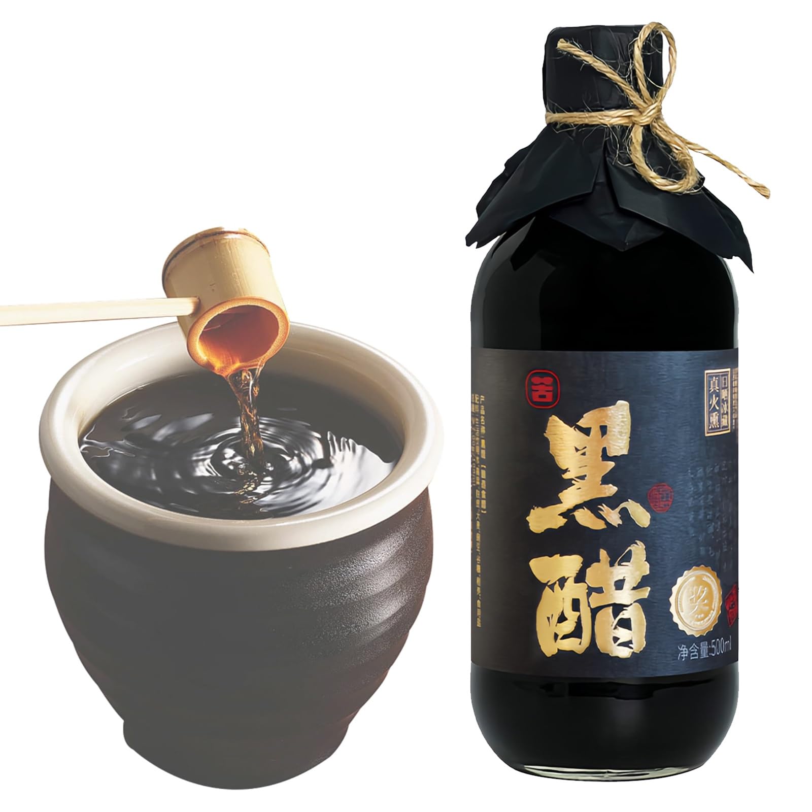 Vinagre de Arroz Negro Chino de Elaboración Artesanal Ancestral, Vinagre Añejo de Shanxi de 5 Años, 500 Ml (16.9 Oz Líq.), Condimento Fermentado Totalmente Natural para Ensaladas.