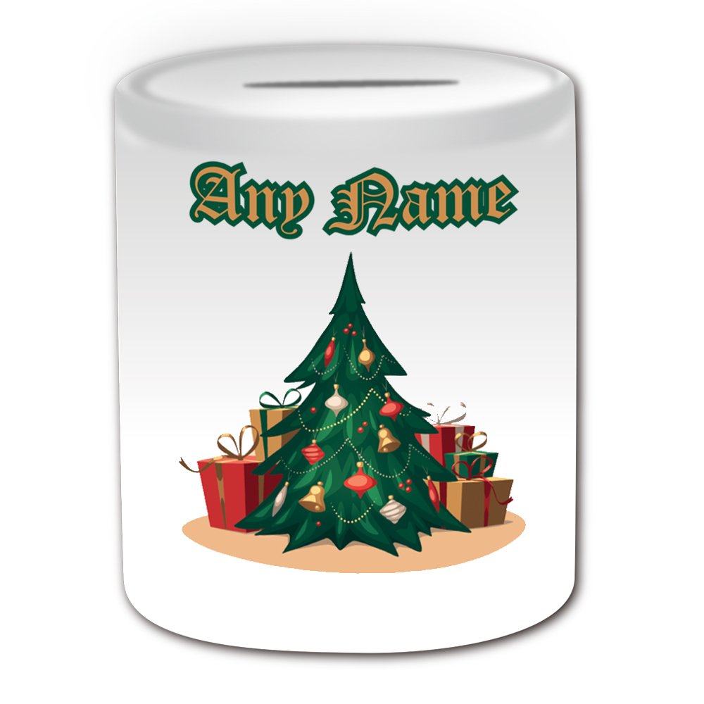 UNIGIFT Personalised Gift - Christmas Tree Money Box (Merry Xmas Design Theme, White) - Any Name/Message on Your Unique - Piggy Bank Saving Jar Pot