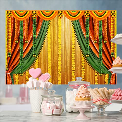 Image of Lofaris India Pooja Photography Backdrop Puja Ganpati Pooja Traditional Mehndi Festival Background Diwali Decorations Wedding Party Marigold Garlands Photo Props 5x3ft