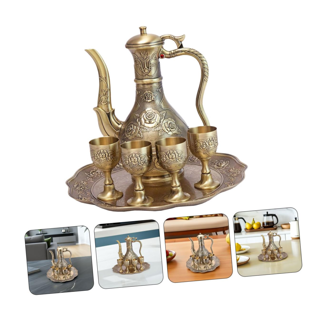 ABOOFAN Vino Vintage con Incisa Bicchieri e Vassoio in Metallo Design Retro Rilievo Bar e Celebrazioni Eleganti