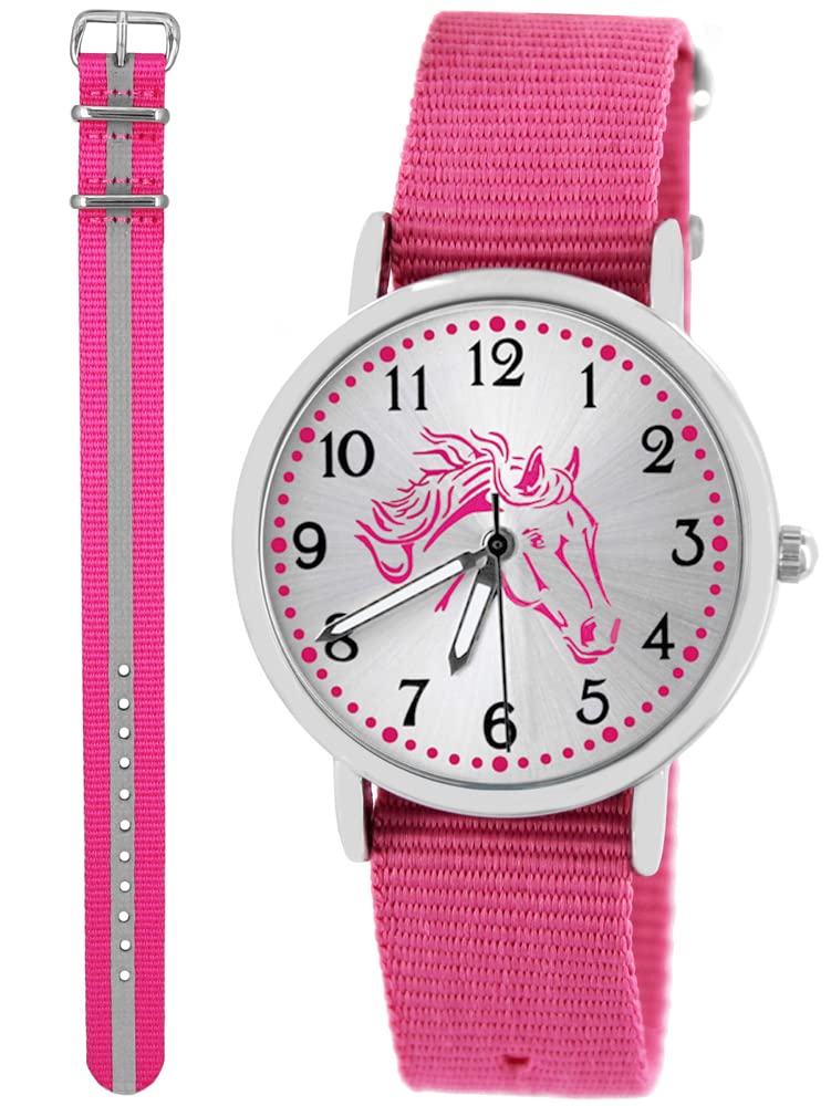 Pacific Time Kinderuhr Mädchen Pferdeuhr rosa Pferdekopf 2 Armbänder | Geschenk für Mädchen: rosa Pferdekopf, Sunray-Zifferblatt, 2 Armbänder, fluoreszierende Zeiger, 5 ATM wasserdicht