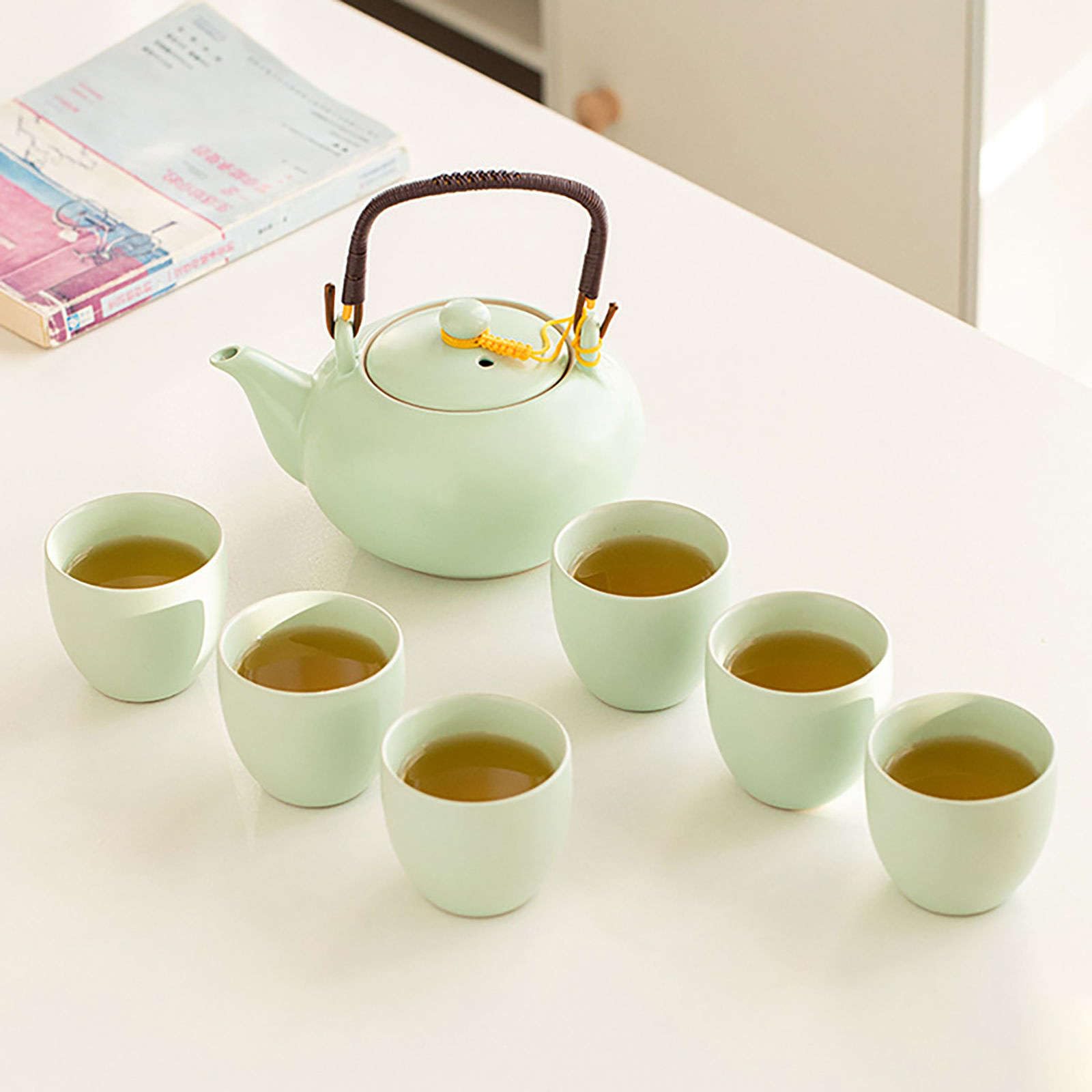 zestaw do herbaty, Ceramiczny zestaw do herbaty, chińskie filiżanki z czajnikiem 6 filiżankami Zestawy upominkowe Świetny prezent dla biura w domu(Green)