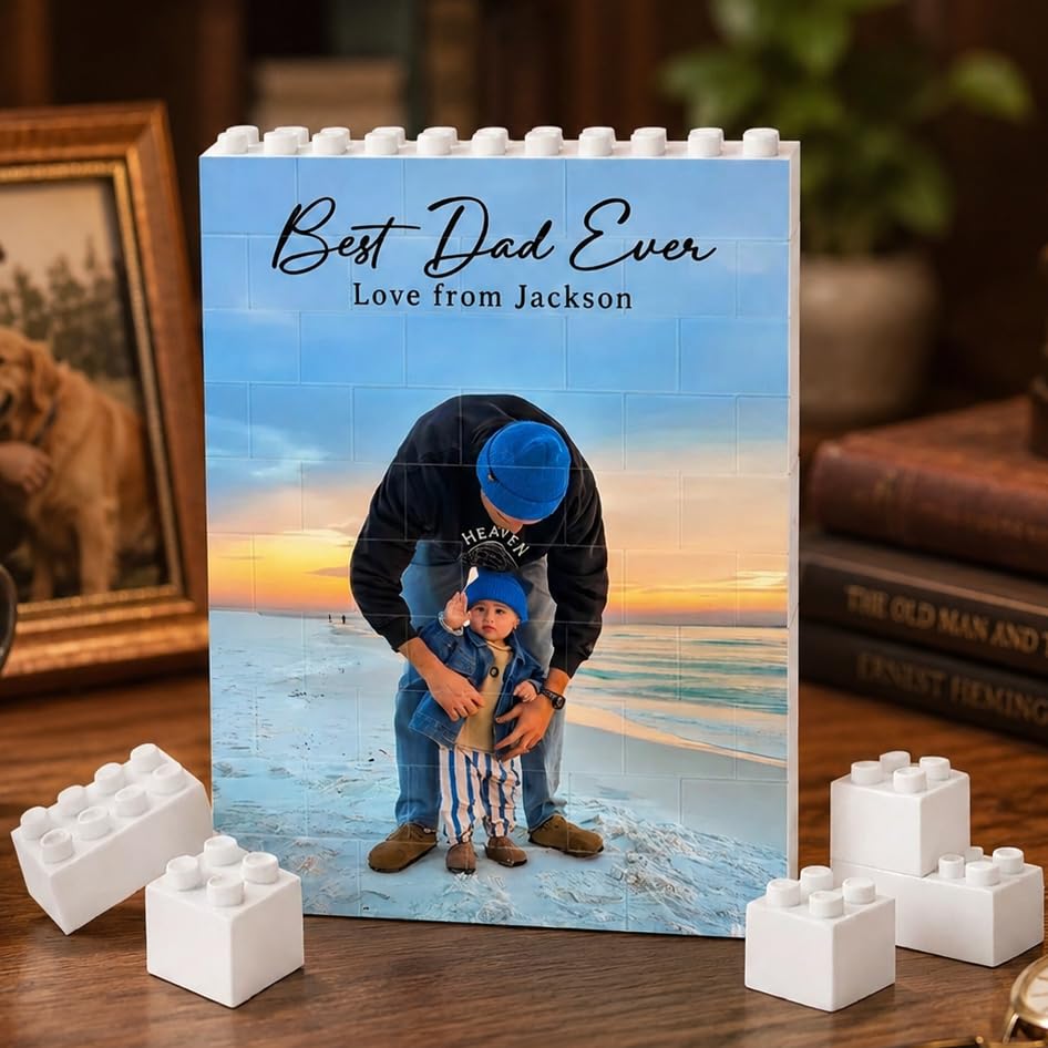 Personalised Photo Building Bricks Puzzle, Dad Gifts from Daughter Son, Custom DIY 3d Jigsaw Puzzle Board Photo Frame
