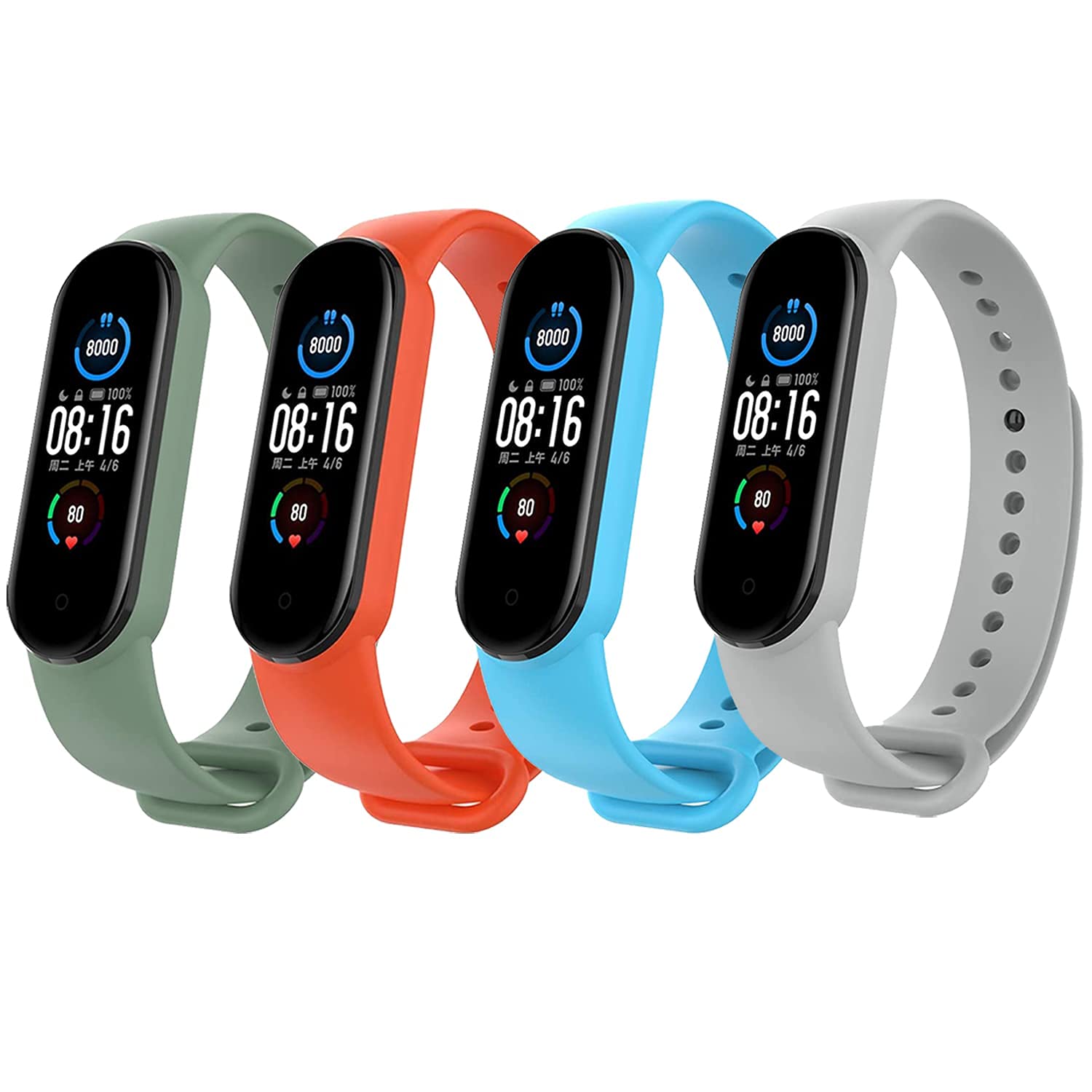 Waylon Band Compatible with Mi Band 5 and Mi Band 6 Wristband Soft Silicone Strap (Combo, Pack of 4) (Army-Red-Sky Blue-Grey)
