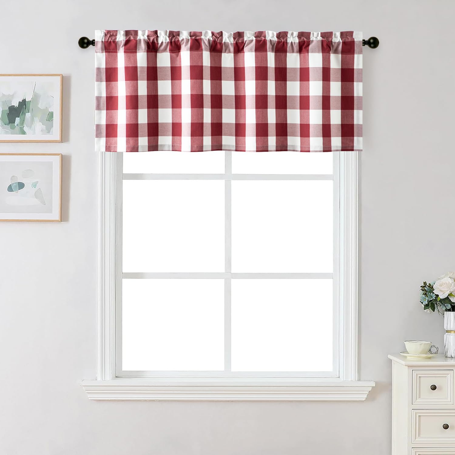 VOGOL Buffalo Check Kitchen Valances for Windows, Red, 52 x 18, 1 Panel