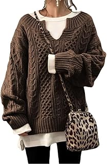 Women's Winter Chunky V Neck Long Sleeve Loose Cable Knit Sweater Pullover