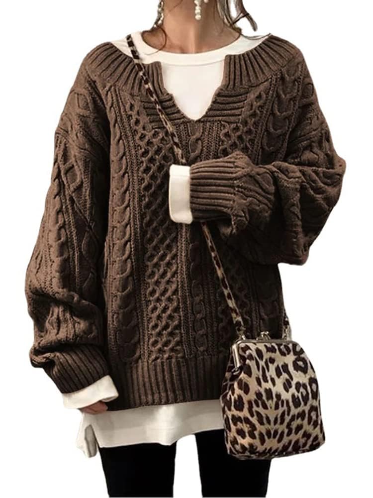 chouyatou Womens Winter Chunky V Neck Long Sleeve Loose Cable Knit Sweater Pullover