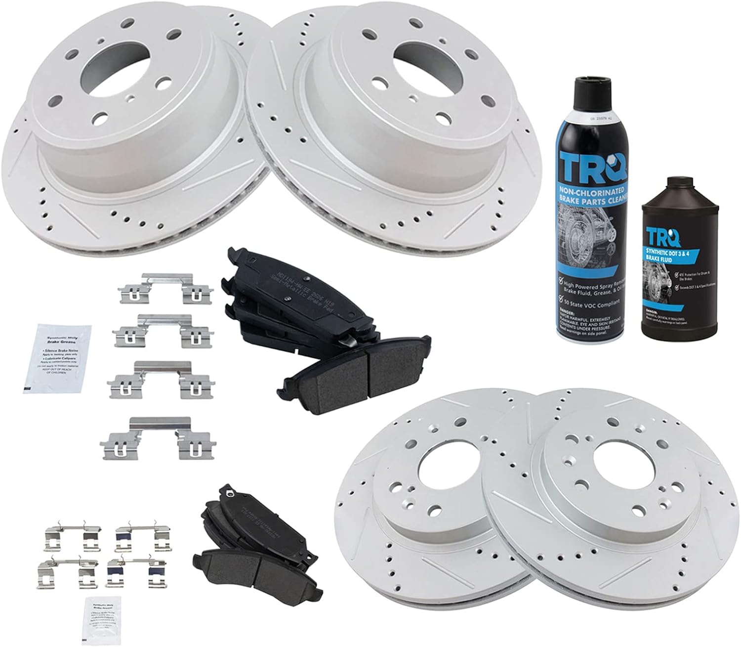 TRQ Front & Rear Brake Pad & Rotor Kit Premium G-Coated Semi-Metallic Performance Slotted X Drilled Compatible with 07 Cadillac Chevrolet GMC