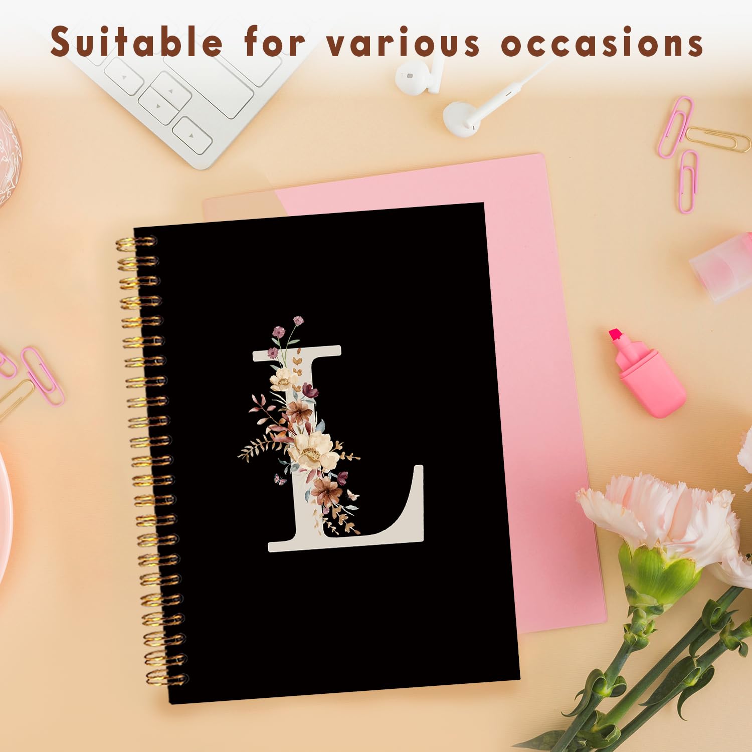 Lacama Simpatico diario scolastico con lettera iniziale L, taccuino a spirale nero personalizzato con fiori di campo estetico, materiale scolastico, regali con monogramma personalizzato, regali di