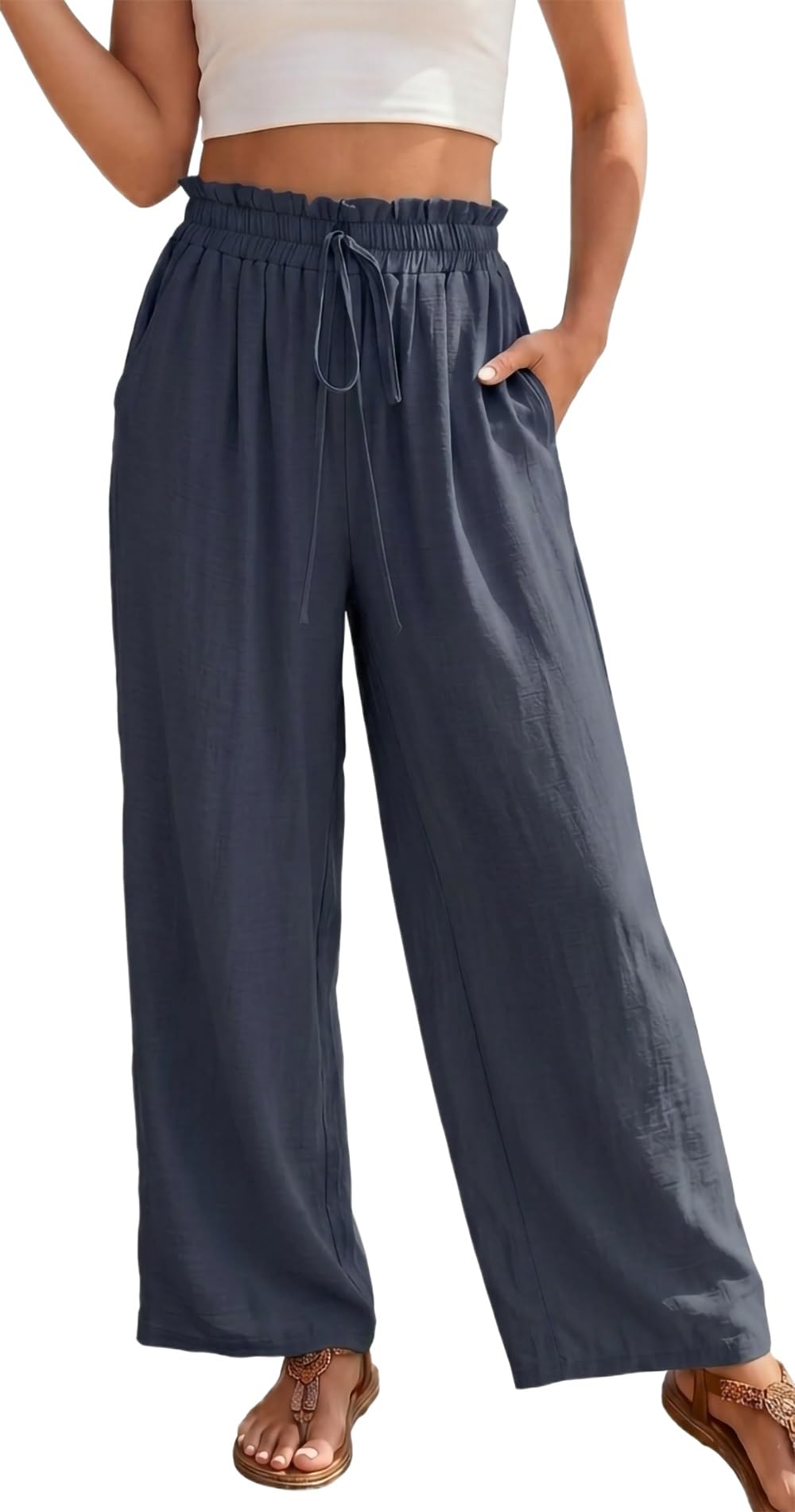 YUTILA Damen Sommerhose Weite High Waist Strandhose Boho Leichte Luftig Freizeithose mit Taschen Palazzo Hose Einfarbig & Muster
