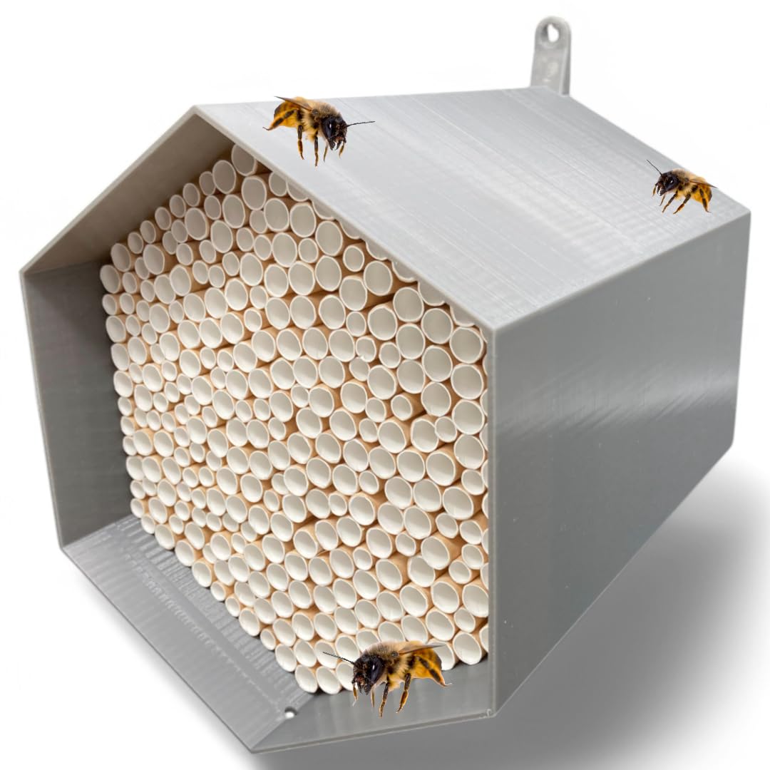 Abeja Silvestre para anidar – Totalmente Duradera y Resistente a la Intemperie – Hotel de Insectos con 300 Casquillos para Nido. Hotel de Abejas Silvestres para Amantes del jardín (Color Gris)