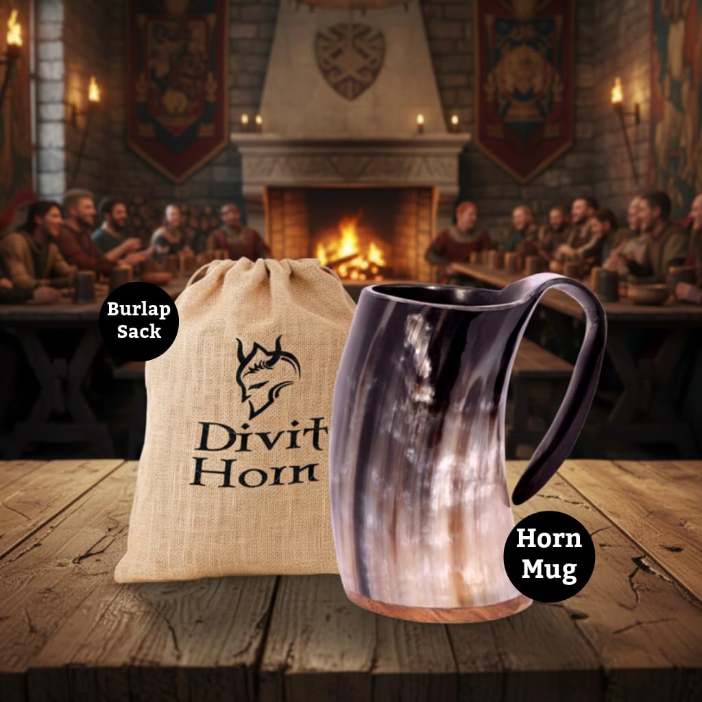 Chope à boire de style Viking Divit | Authentique chope en corne de bière médiévale | Capacité de 700 mL (24 oz) | Coupe en corne de la plus haute qualité (Originale, Polie)