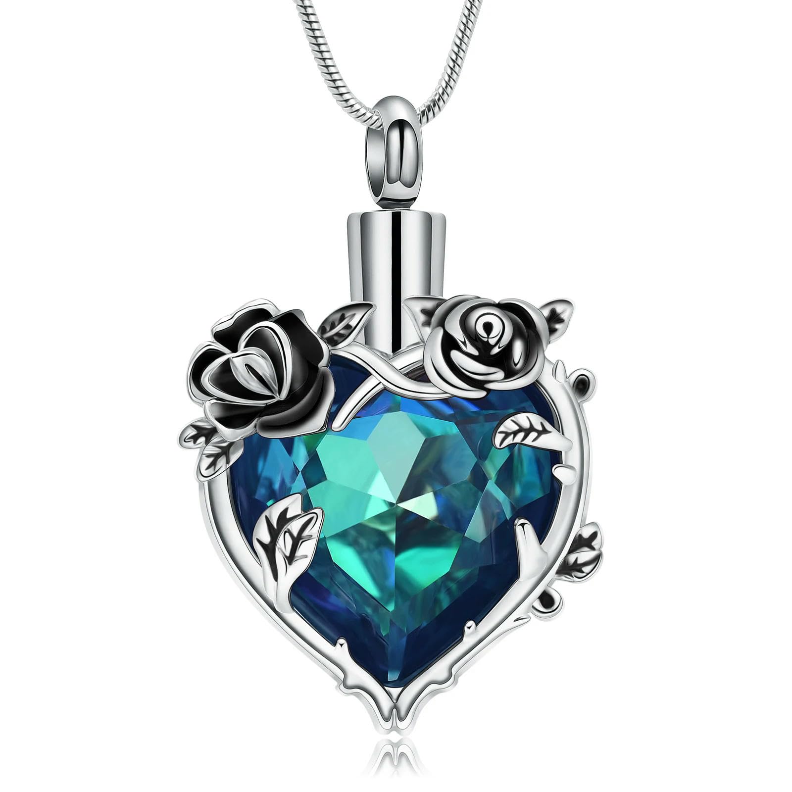 ADENLA Heart Cremation Jewelry Rose Flower Urn Necklace for Ashes Locket Memorial Keepsake Loved One Necklace-Blue