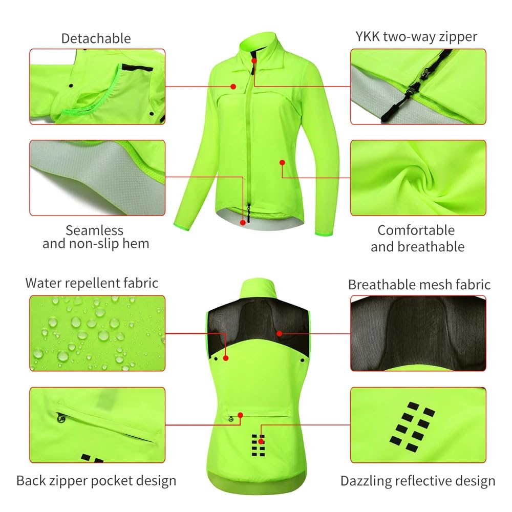 Damska odpinana kurtka rowerowa bez rękawów, przeciwsłoneczna, odblaskowa, wiatrówka, wiatroszczelna, oddychająca, rowerowa koszulka do aktywności na świeżym powietrzu, wędrówek,Green-XXL