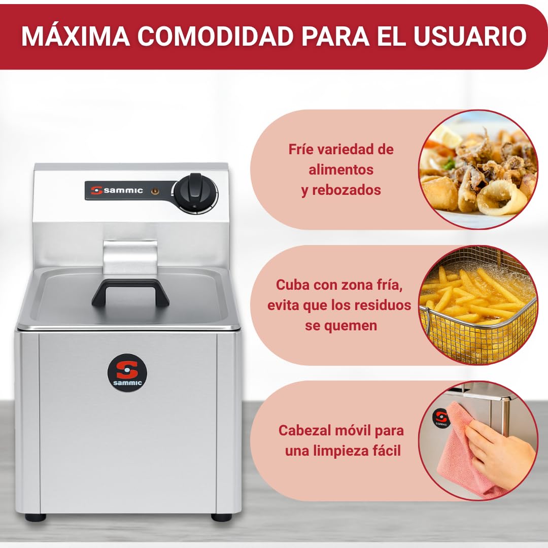 YOMMAK Freidora Aceite Profesional Sammic PF-6 | Freidora Industrial electrica 5L 3000W | Producto Cocina Premium Acero Inoxidable Cuba Desmontable Termostato Regulable | Ideal Hosteleria