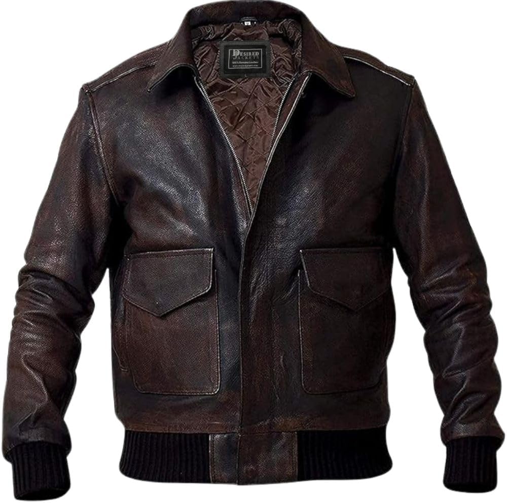 Mens G-1 Fur Collar US Navy Flight Distressed Brown Aviator Genuine Leather Jacket
