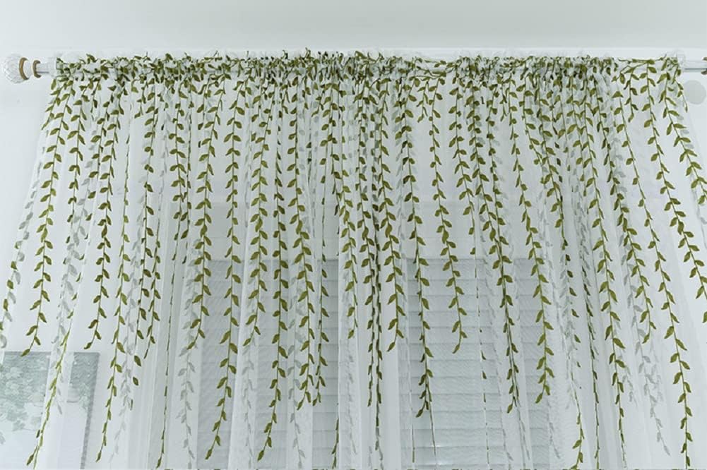 Linen Sheer Curtains Window Treatments Rod Pocket for Living Room Bedroom Fresh Simple Wicker Embroidery (2 Panels, W 54 x L 95 inch, White)