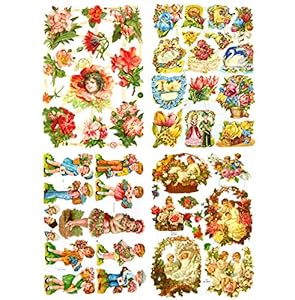 Glanzbilder Kinder mit Blumen Motiv Set aus 4 verschiedenen Oblaten Papierbögen zum Basteln und Verzieren