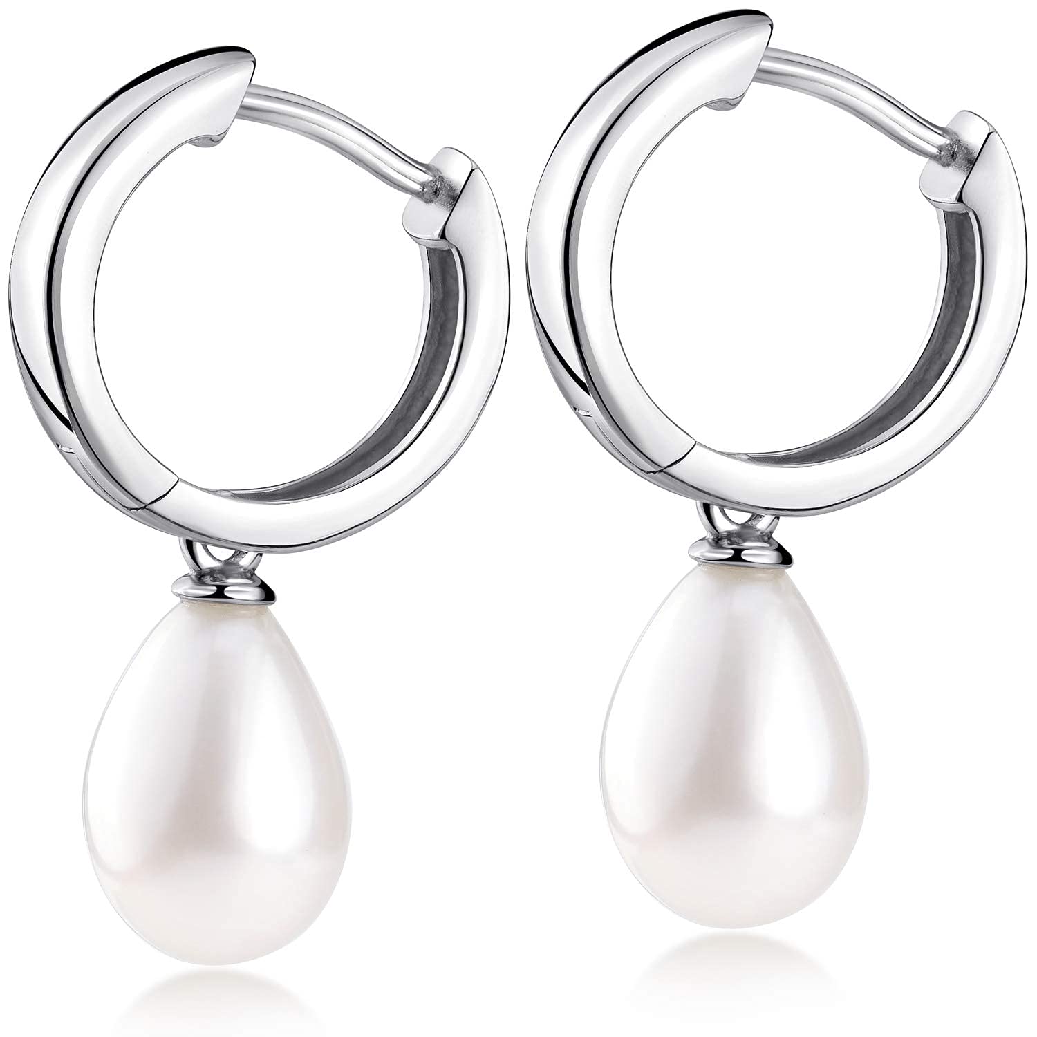 Damen Creolen mit Anhänger Perle - 925 Silber Perlenohrringe weiß SO-431 | Kleine Kreolen 15mm mit hängenden Perlen aus rhodiniertem 925 Sterling Silber für Frauen von MATERIA by Matthias Wagner