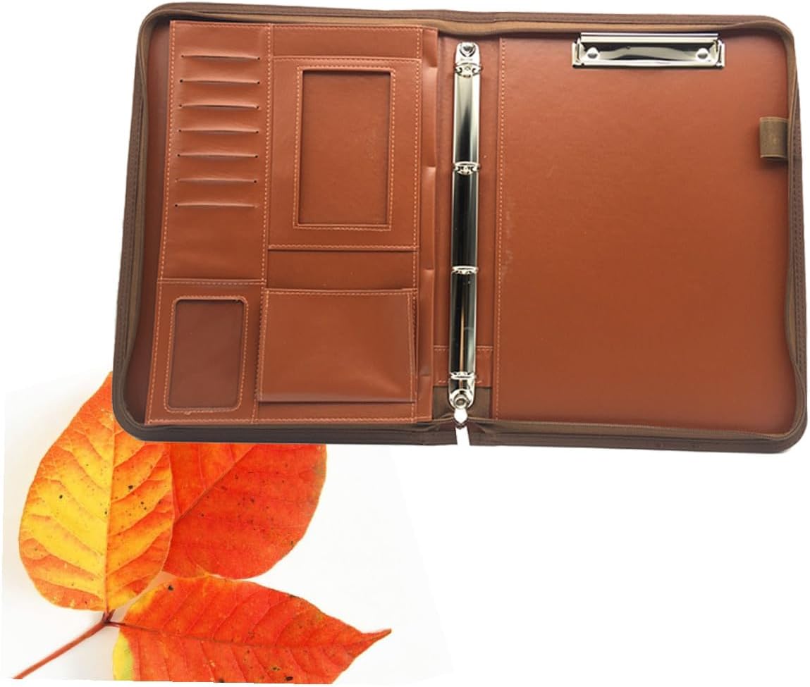 Gadpiparty Portable PU Leather Business Portfolio with Calculator Multifunctional Zipper Document Organizer Elegant Office Folder for Professionals Brown