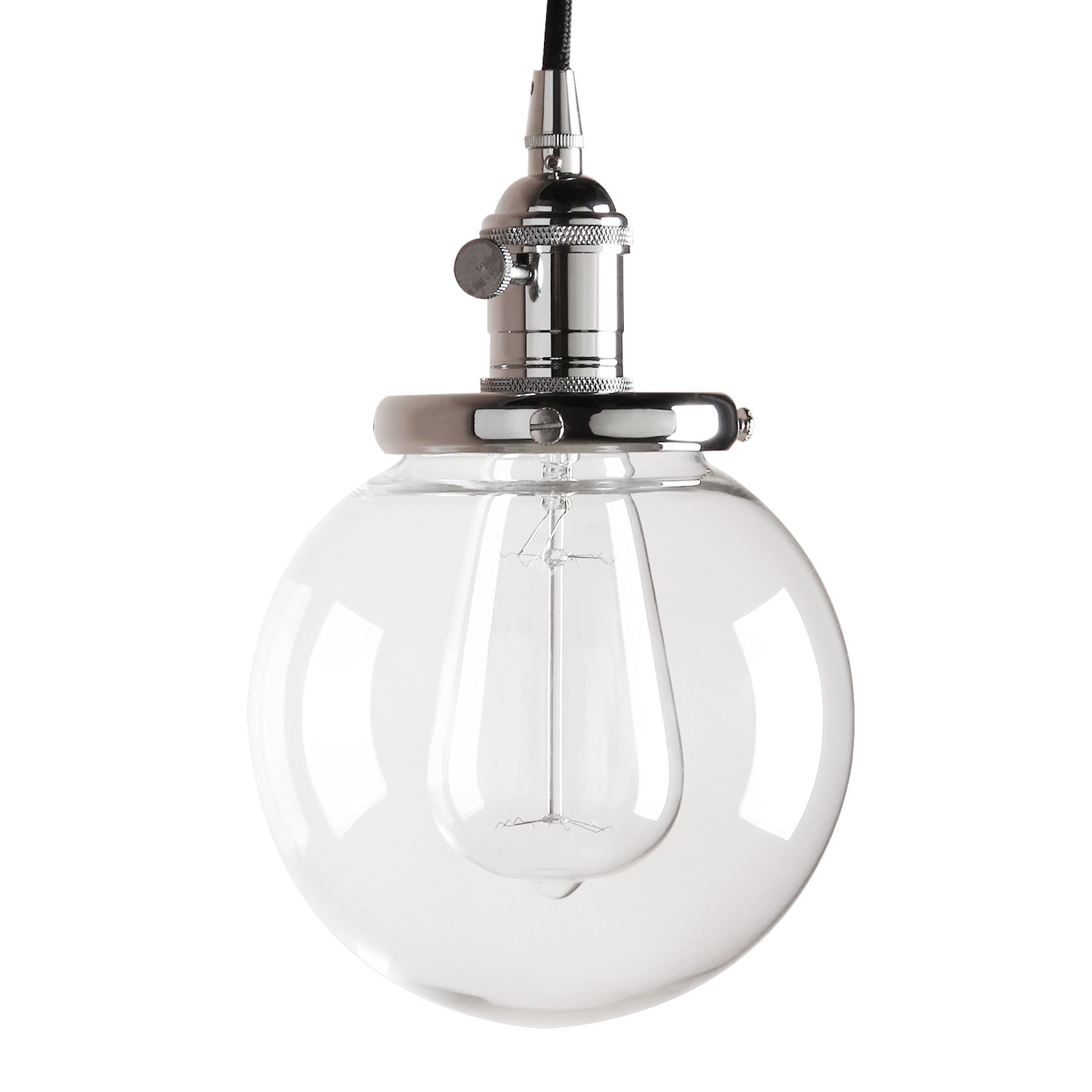 Pathson Chrome 15Cm Vintage Modern Pendant Light Fittings Industrial Edison Ceiling Light Hanging Light Fixture Loft Bar Kitchen Island Chandelier E27 With Clear Glass Globe Light Shade (Chrome)