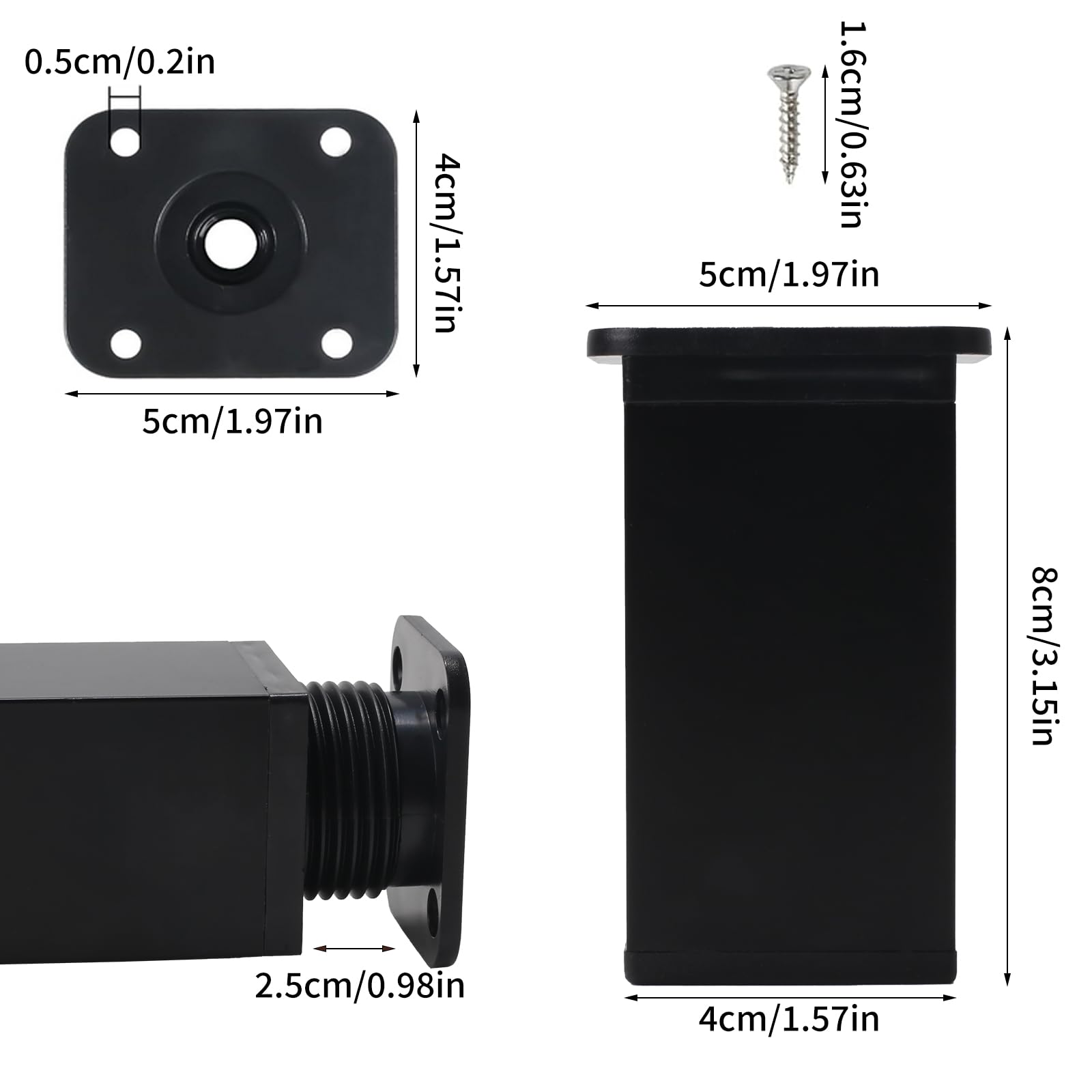 4 Pezzi Piedini Regolabili per Mobili Quadrati Gambe per Mobili Altezza Regolabile 8 cm Piedi per Mobili Gambe Letto Gambe Tavolo in Metallo per Armadietto Divano (Nero, 8cm)