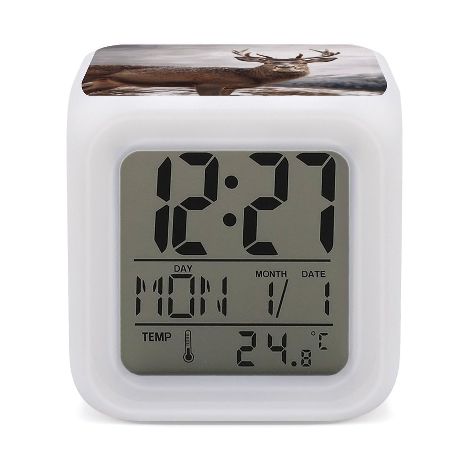 VstaDank Wild Animals Deer Alarm Clock with 7 Color Changing Night Light Date Temp Display Wake Clocks LED Display Digital Clock Electric Desk Clocks for Living Office Bedroom Decor