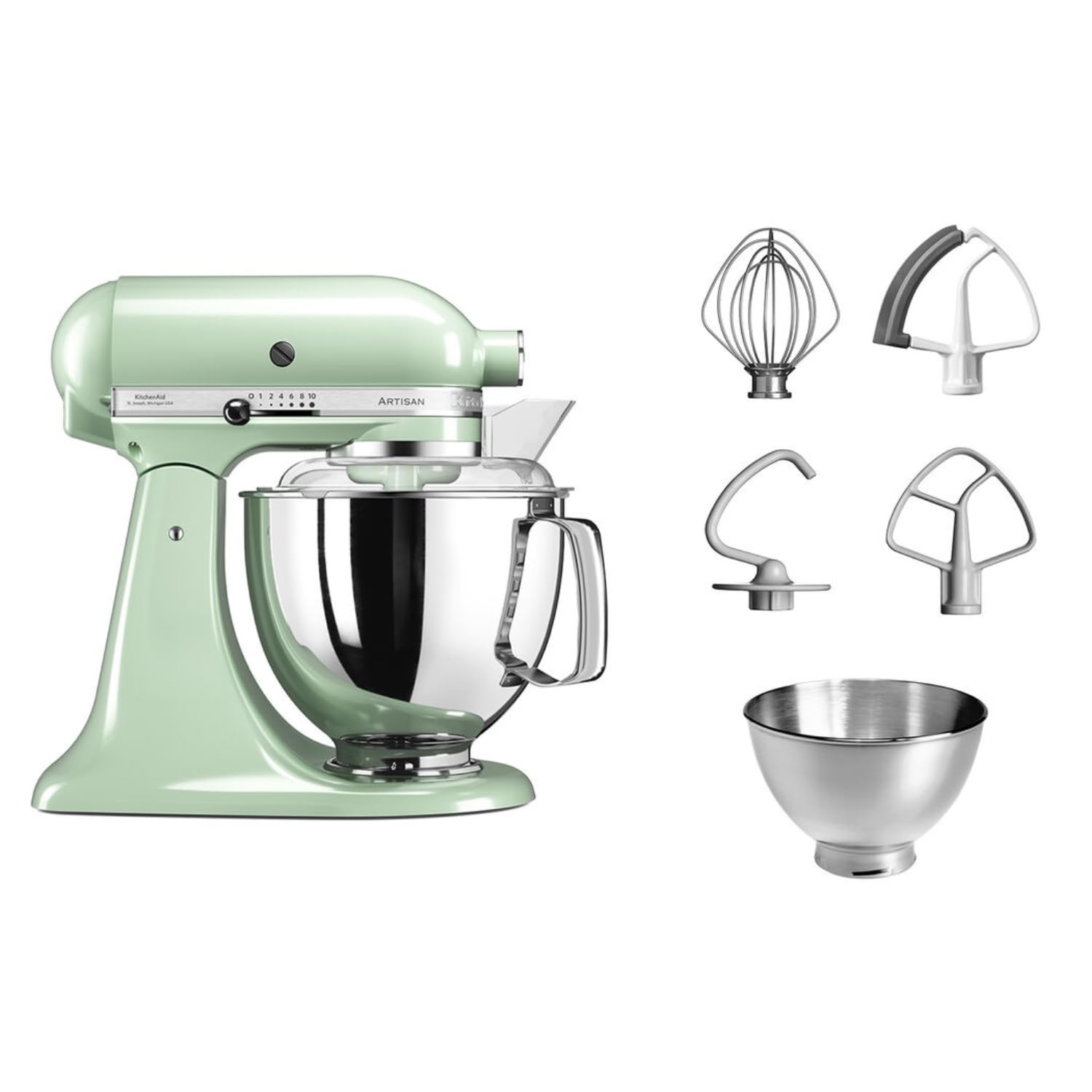 KitchenAid Küchenmaschine - Artisan - Kippbarem Food Processor - Teigknetmaschine mit 5 Zubehör - 2 Schüsseln aus Edelstahl - 4.8 L - Pistazie