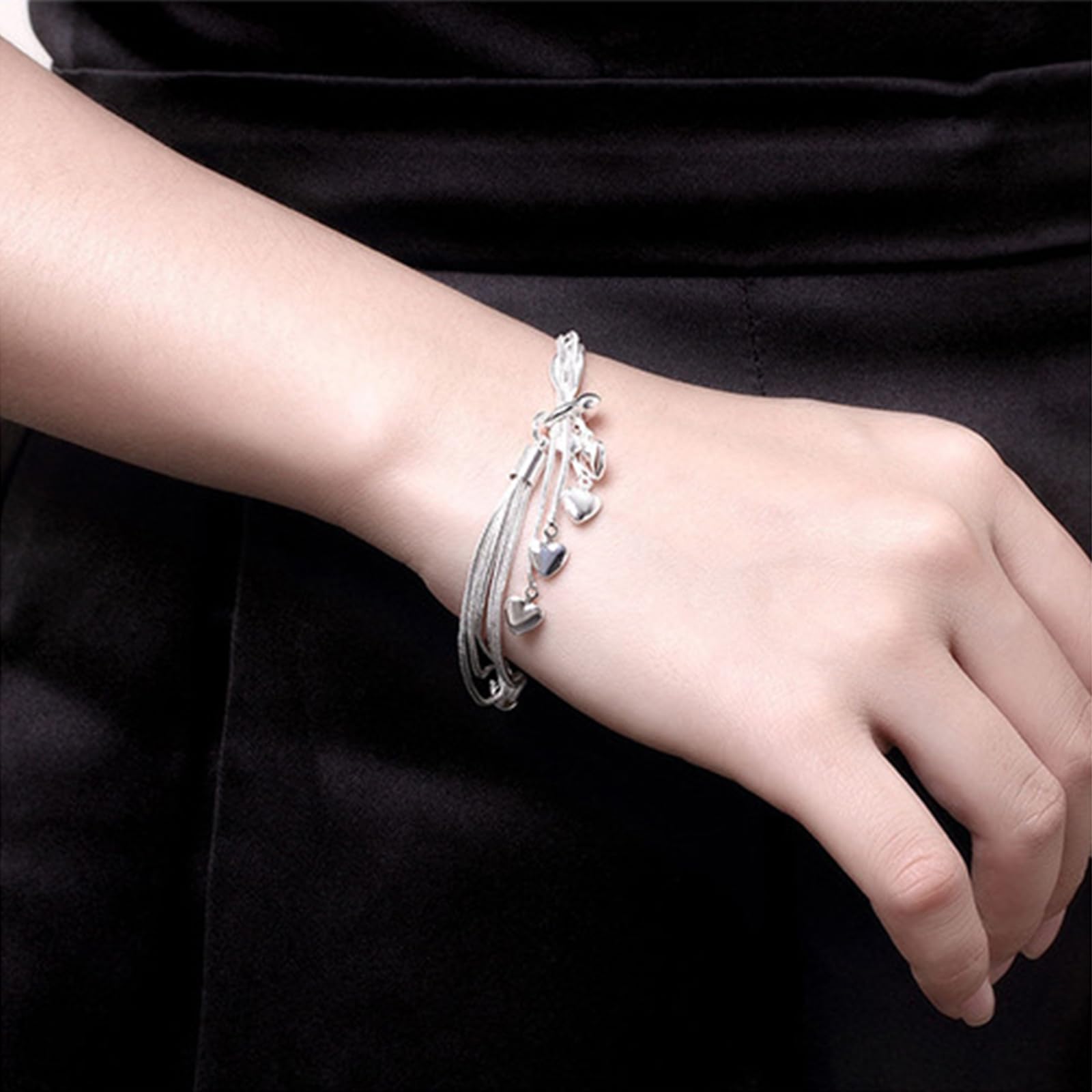 Generic Juego de pulsera de plata de ley 925 con cadena de cinco líneas y dije de corazón, elegante brazalete apilable
